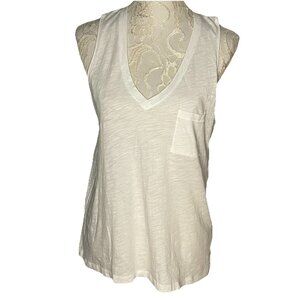 Madewell sz L Sleeveless Tank Top Slub Knit Scoop Neck White Cotton Front Pocket